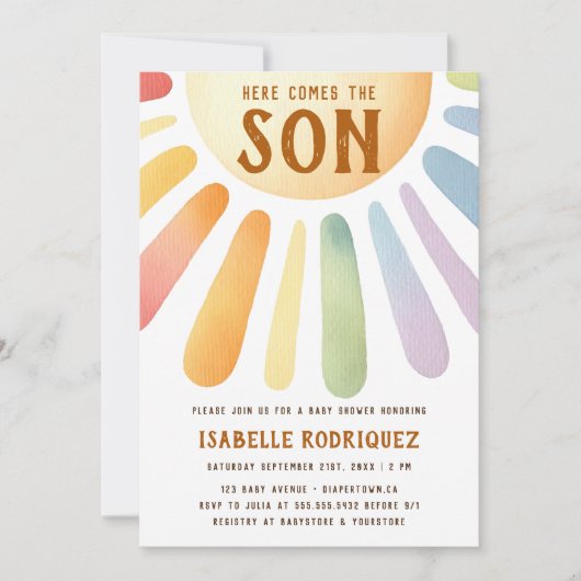 Hier komt het Son Sunshine Boho Boy Baby shower Kaart (Voorkant)