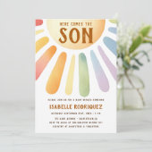 Hier komt het Son Sunshine Boho Boy Baby shower Kaart (Staand voorkant)