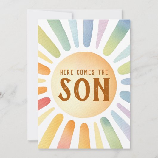 Hier komt het Son Sunshine Boho Boy Baby shower Kaart (Achterkant)