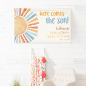 Hier komt het SON Sunshine boho boy baby shower Spandoek (Insitu)