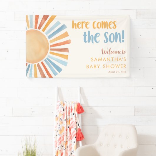 Hier komt het SON Sunshine boho boy baby shower Spandoek (Insitu)