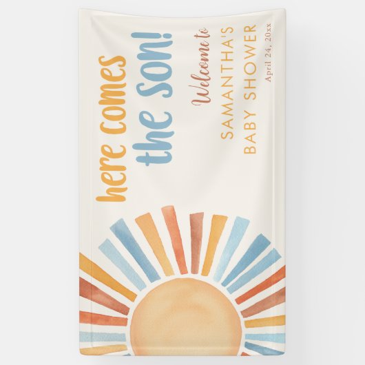 Hier komt het SON Sunshine boho boy baby shower Spandoek (Verticaal)