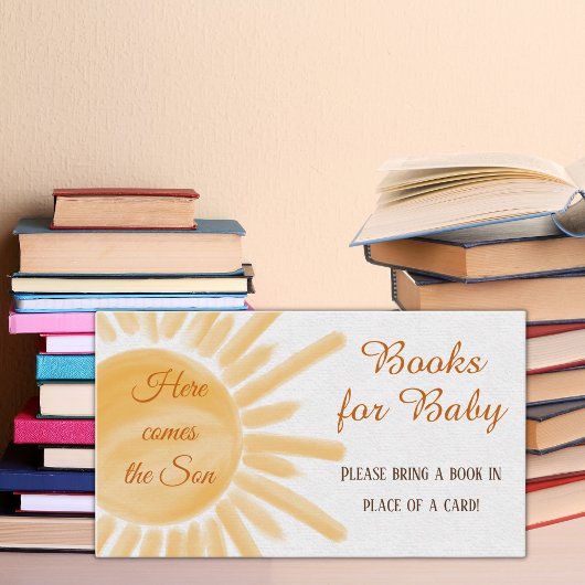 Hier komt het Son Sunshine Book voor Baby shower Informatiekaartje