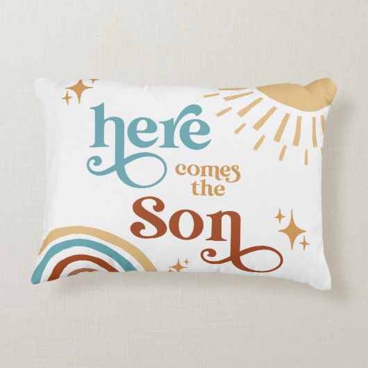 Hier komt het Son Sunshine Boy Baby shower Accent Kussen (Achterkant)
