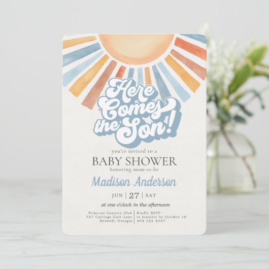 Hier komt het Son Sunshine Boy Baby shower Kaart (Staand voorkant)