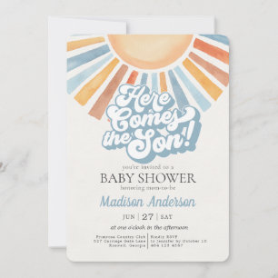 Hier komt het Son Sunshine Boy Baby shower Kaart