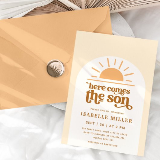 Hier komt het Son Sunshine Boy Baby shower Kaart