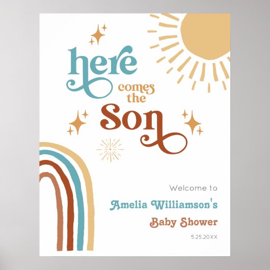 Hier komt het Son Sunshine Boy Baby shower Poster (Voorkant)