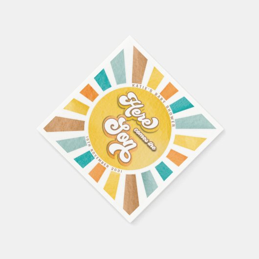 Hier komt het Son Sunshine Boy Baby shower Servet (Hoek)