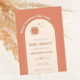 Hier komt het Son Terracotta Boho Baby shower Kaart