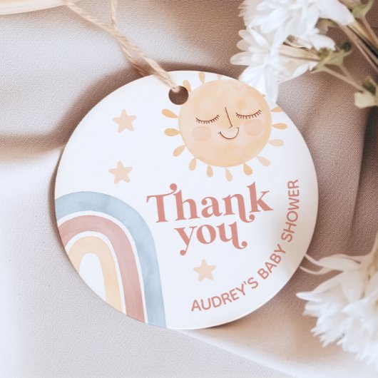 Hier komt het Son Waterverf Boho Baby shower Bedankjes Labels