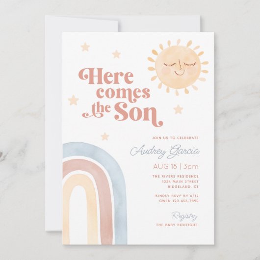 Hier komt het Son Waterverf Boho Baby shower Kaart (Voorkant)