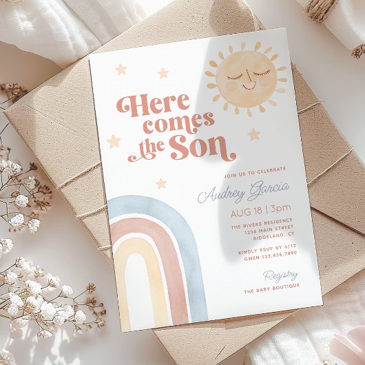 Hier komt het Son Waterverf Boho Baby shower Kaart