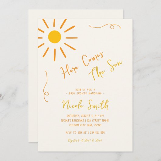 Hier komt het Son Whimsical Boy Baby shower Kaart (Voorkant / Achterkant)