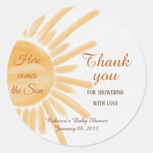 Hier komt het Son Yellow Ray Sunshine Baby shower Ronde Sticker (Voorkant)
