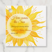 Hier komt het Son Yellow Sunshine Baby shower Bedankjes Labels (Voorkant)