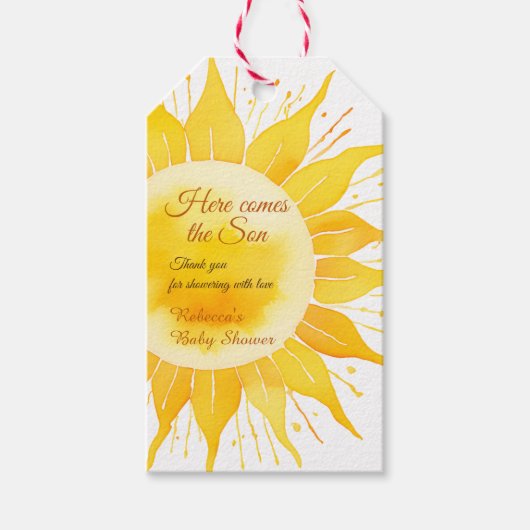 Hier komt het Son Yellow Sunshine Baby shower Cadeaulabel (Voorkant)