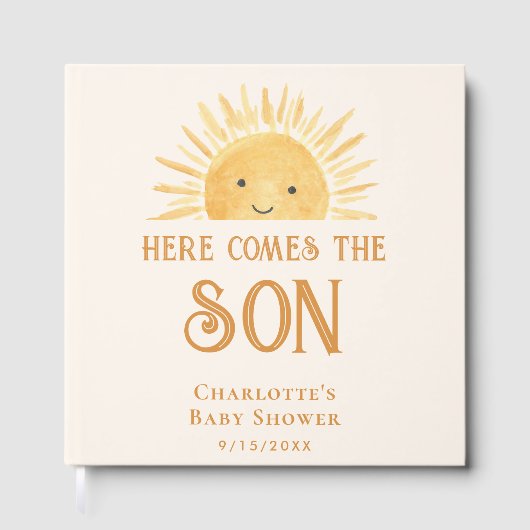 Hier komt het Son Yellow Sunshine Baby shower Gastenboek (Voorkant)