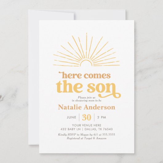 Hier komt het Son Yellow Sunshine Baby shower Kaart (Voorkant)
