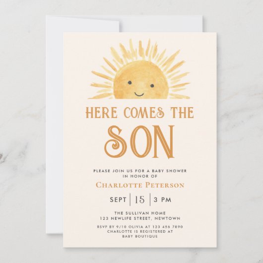 Hier komt het Son Yellow Sunshine Baby shower Kaart (Voorkant)