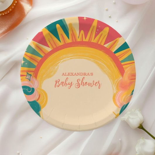 Hier komt het Son Yellow Sunshine Baby shower Papieren Bordje