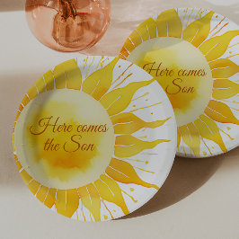 Hier komt het Son Yellow Sunshine Baby shower Papieren Bordje