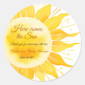 Hier komt het Son Yellow Sunshine Baby shower Ronde Sticker (Voorkant)