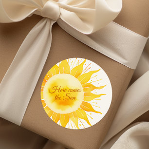 Hier komt het Son Yellow Sunshine Baby shower Ronde Sticker