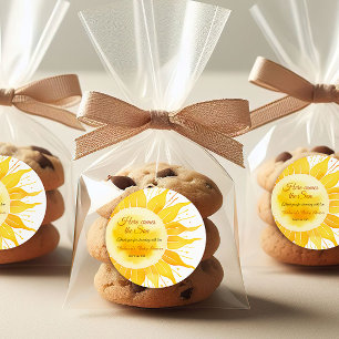 Hier komt het Son Yellow Sunshine Baby shower Ronde Sticker