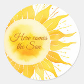 Hier komt het Son Yellow Sunshine Baby shower Ronde Sticker (Voorkant)