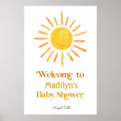 Hier komt het Sun Baby shower Welkomstbord Poster (Voorkant)