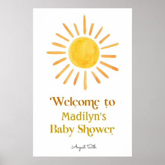 Hier komt het Sun Baby shower Welkomstbord Poster (Voorkant)