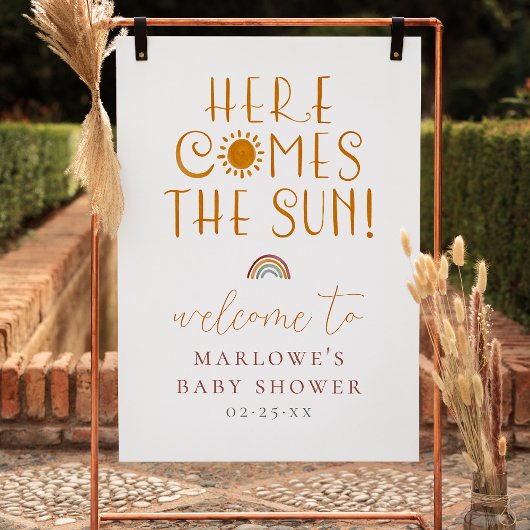 Hier komt het Sun Boho Boy Baby shower Welkom Poster