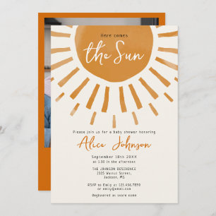 Hier komt het Sun Boho Photo Baby shower Kaart