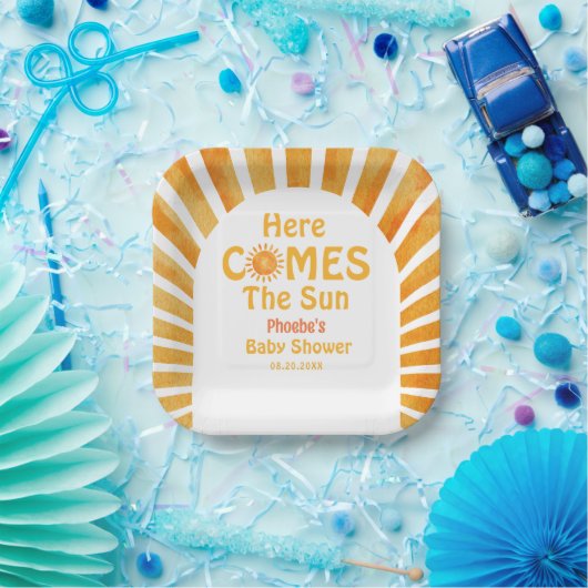 Hier komt het Sun Boho Retro Sunshine Baby shower Papieren Bordje (Feest)