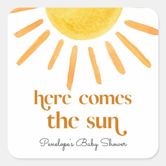 Hier komt het Sun Boy Baby shower Vierkante Sticker (Voorkant)
