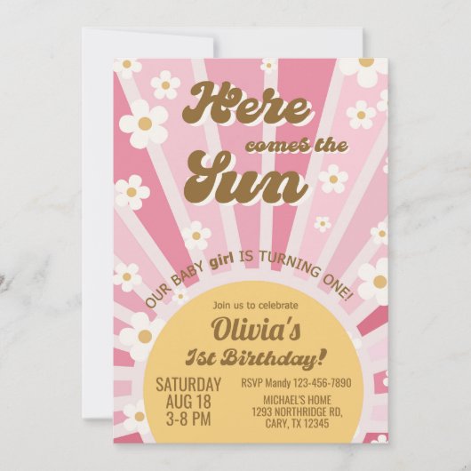 Hier komt het Sun meisje op de eerste verjaardag u Kaart (Voorkant)
