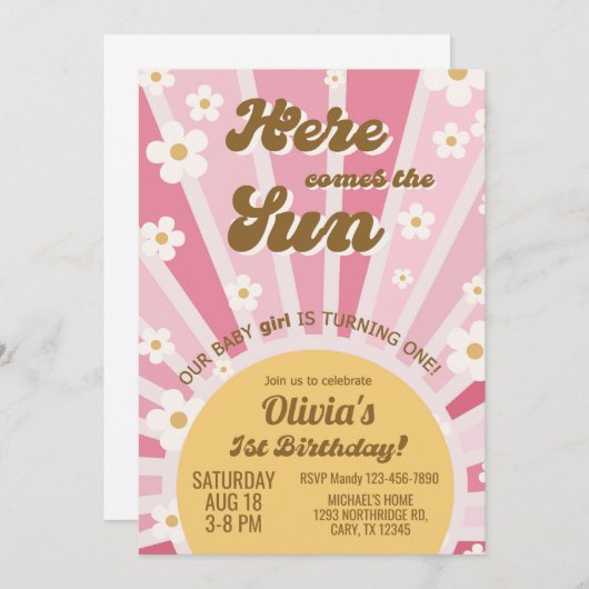 Hier komt het Sun meisje op de eerste verjaardag u Kaart (Voorkant / Achterkant)