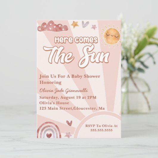 Hier komt het Sun Pink Rainbow Baby shower Kaart (Staand voorkant)