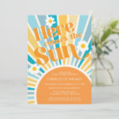 Hier komt het Sun Retro Baby shower Kaart (Staand voorkant)