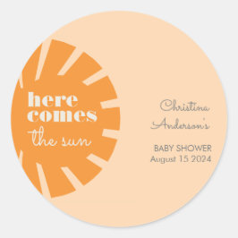 Hier komt het Sun Retro Baby shower Ronde Sticker