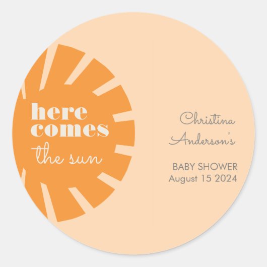 Hier komt het Sun Retro Baby shower Ronde Sticker (Voorkant)