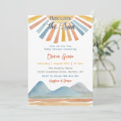 Hier komt het Sun Retro Rainbow Baby shower Kaart (Staand voorkant)