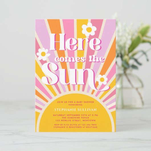 Hier komt het Sun Sunshine Girl Baby shower Kaart (Staand voorkant)