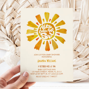 Hier komt het Sun Waterverf Baby shower Kaart