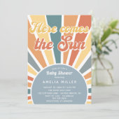 Hier komt het zon Baby shower regenboog Kaart (Staand voorkant)