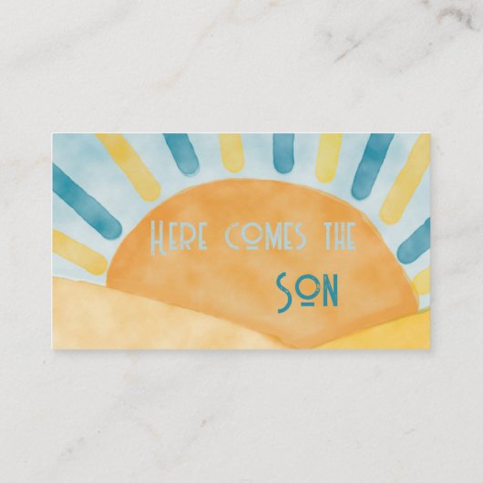 Hier komt het zonneblauw luiergame Baby shower Informatiekaartje (Achterkant)