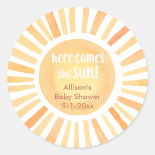 Hier komt het zonneboho-baby shower ronde sticker