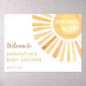 Hier komt het zonneschijn baby shower welkom poster (Voorkant)