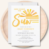 Hier komt het zonnezonneschijnse Baby shower Kaart